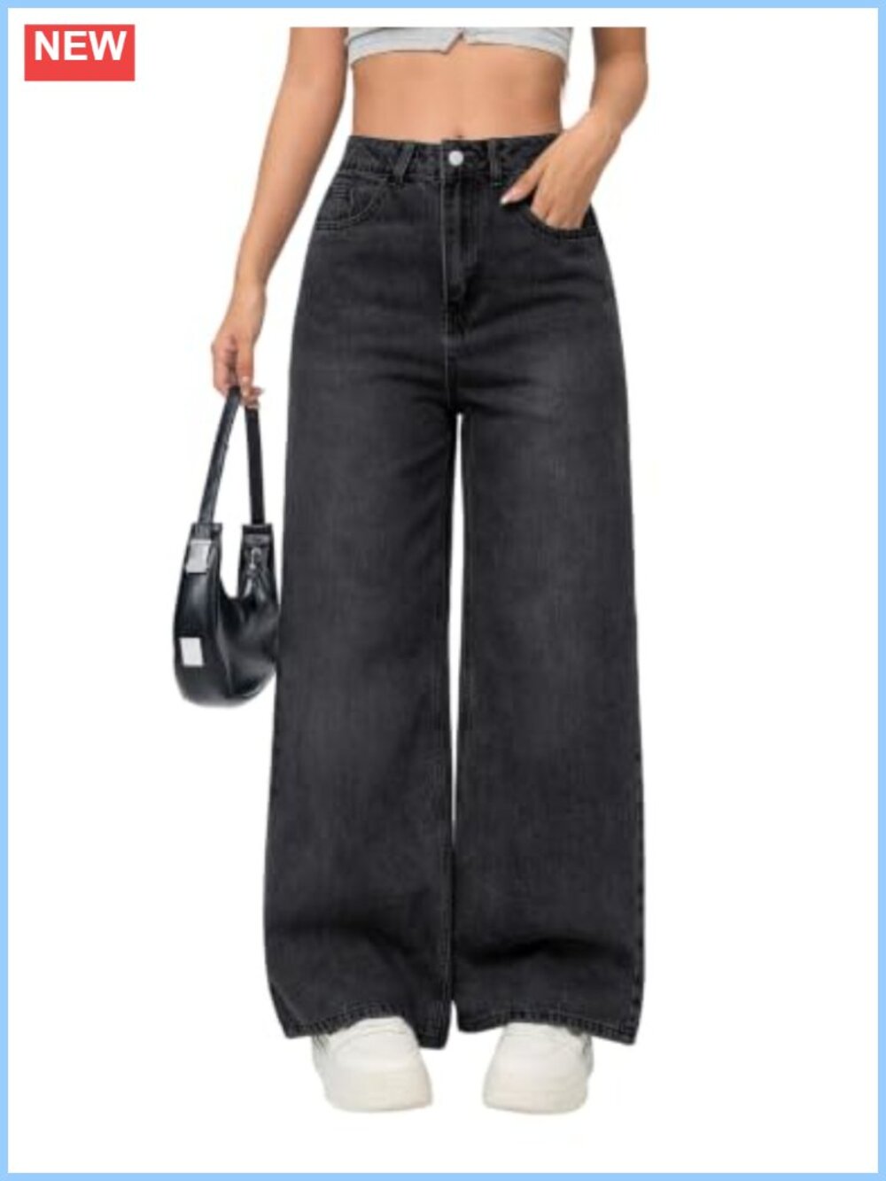Women's Wide Leg Mid Rise Non-Stretch Denim Jeans Five Pocket